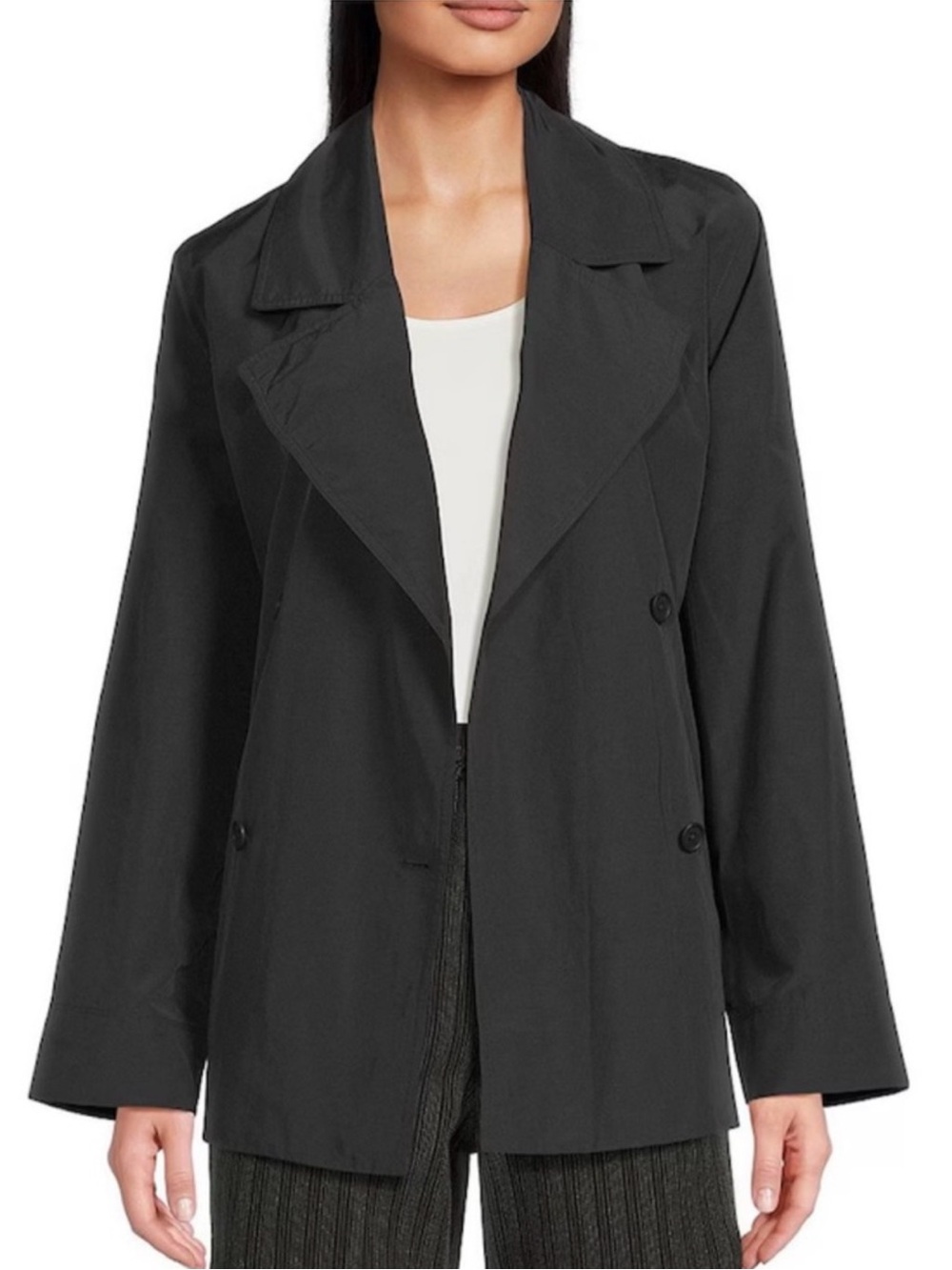 Eileen Fisher Light Cotton Nylon Short Double-Breasted Trench Coat Jacket Black